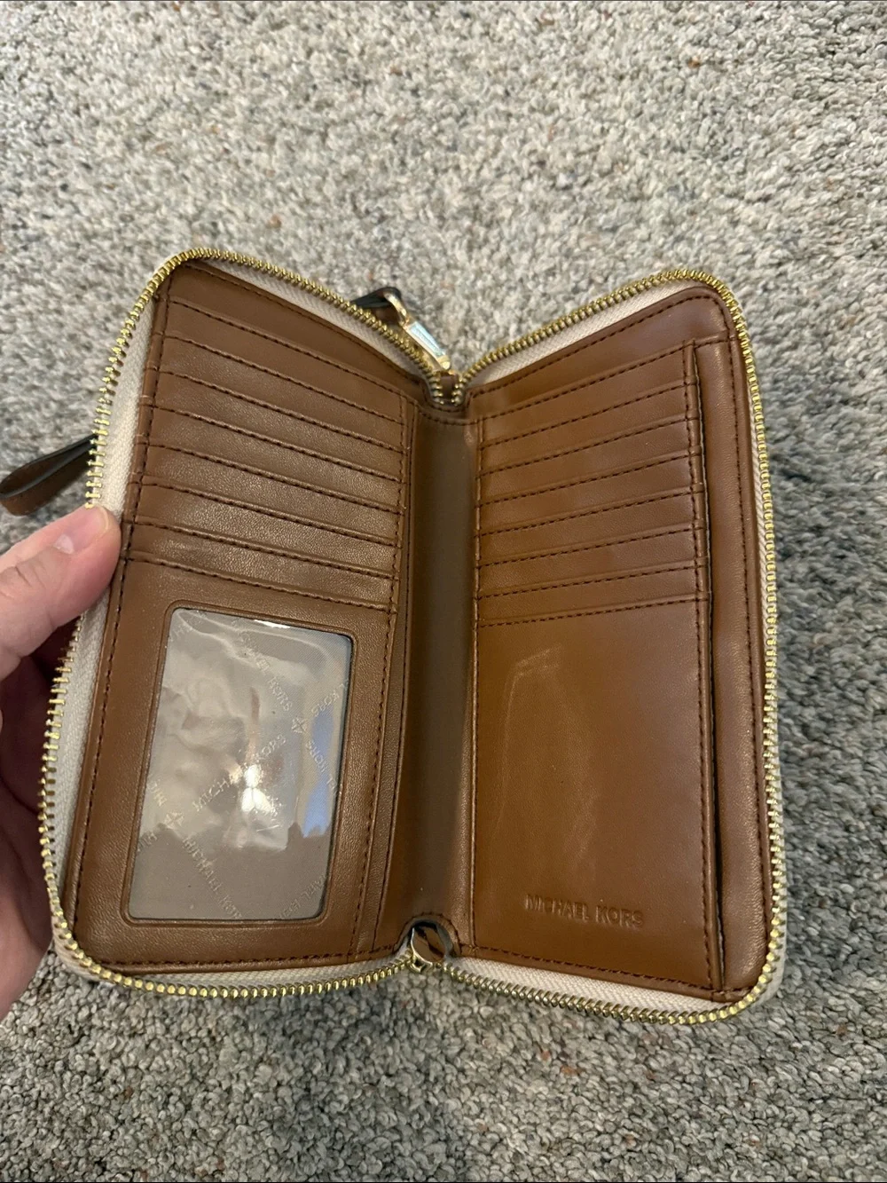 Michael Kors Beige Signature MK Zip Wristlet Wallet with Brown Strap